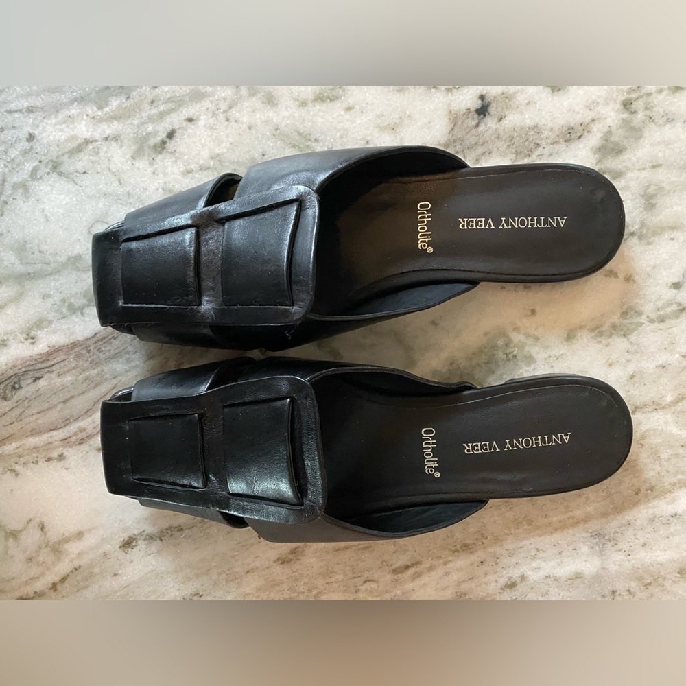 Anthony Veer Black Leather Slide Mules with Square Buckle